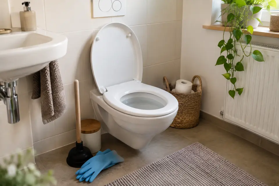 Verstopfte Toilette mit erhöhtem Wasserstand und bereitstehender WC-Saugglocke in einem sauberen Badezimmer
